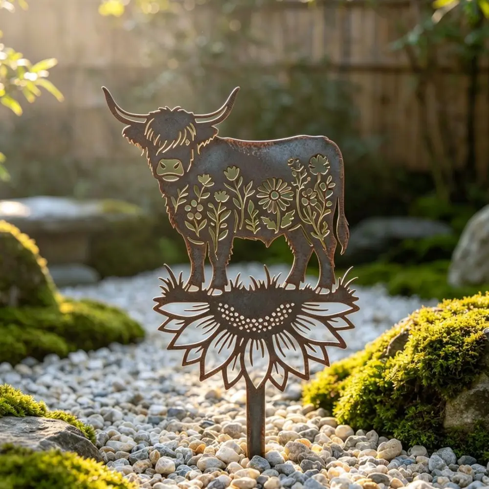 Decorative Metal Highland Cow Stake Iron Yard Art Retro Style Garden Ornament Outdoor Backyard Lawn Signage