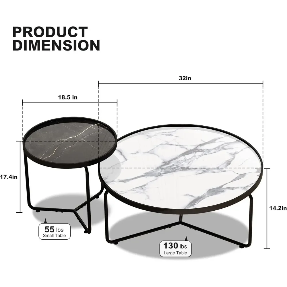 Round Glass Coffee Table Set of 2, with Sturdy Metal Frame,Cocktail Table with Classic White and Black Faux Marble Tray Top