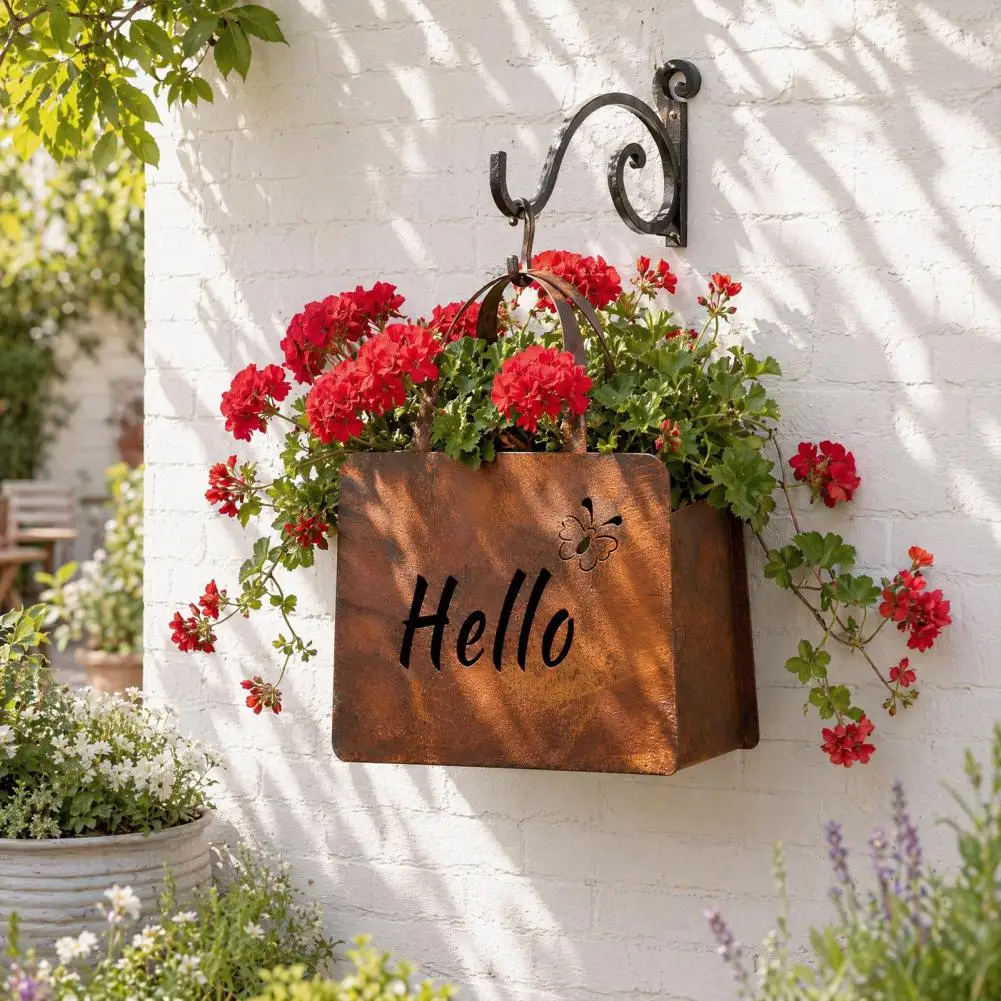 Farmhouse Garden Planter Small S Planter Rustic Metal Handbag Planter with Double-sided Hello Welcome Signs Farmhouse Wall Mount
