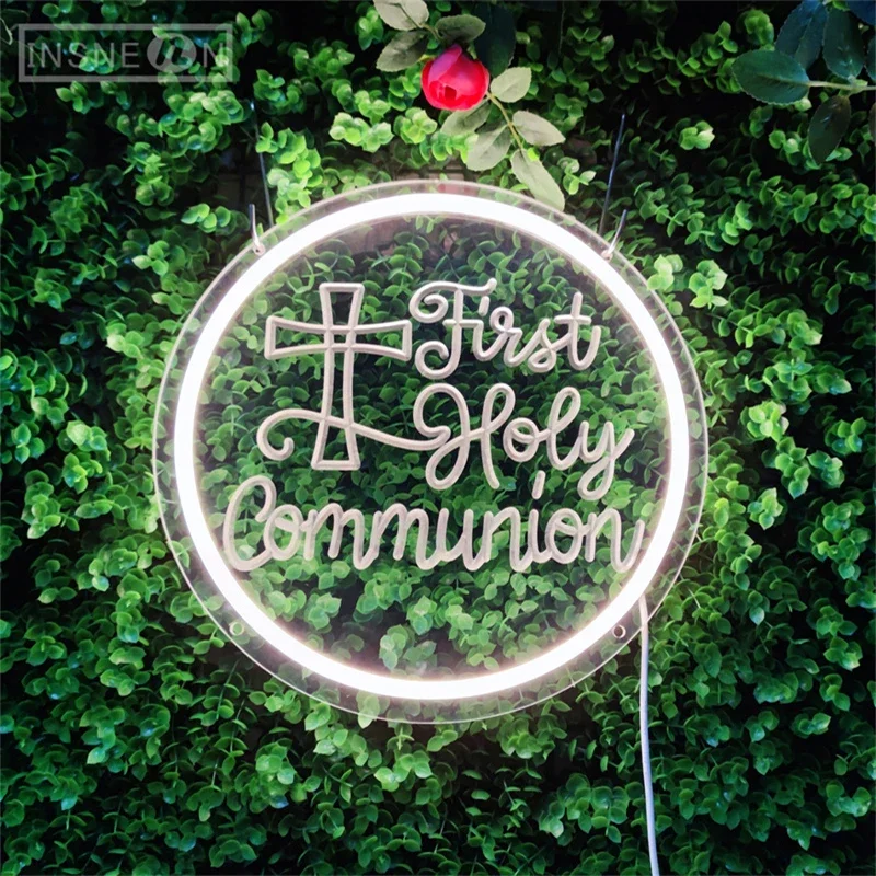 First Holy Communion Neon LED Sign, 3D Engraving, Wall Decor, Neon Lighting, Lights for Party, Home, Baptism Decoration