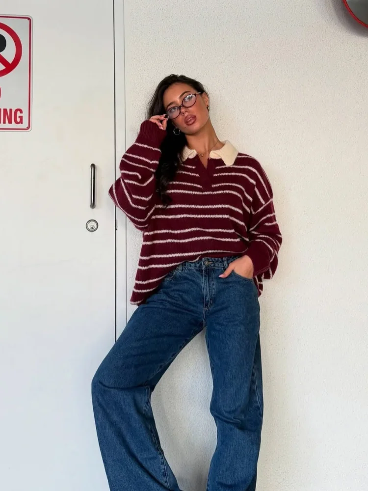

Chic Striped Knitted Pullover Women Casual Polo Collar Long Sleeve Loose Sweater 2025 Autumn Winter Lady Street Knitwear