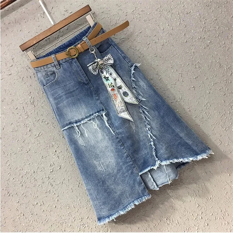 Spring Summer New Women Cowboy Skirts Female High Waist Large Size Irregular Skirt Ladies Fashion Splicing Denim Jeans Skirt 5XL