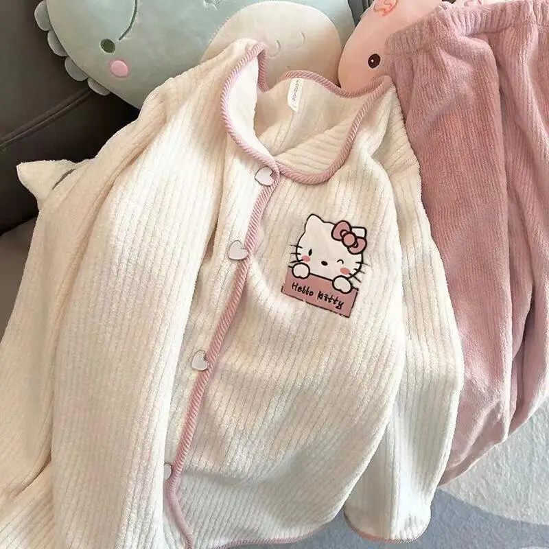 Hello Kitty Pajamas Set Plush Women Autumn Winter Casual Thick Warm Milk Scented Cardigan Two Piece Set Sanrio Kawaii Nightwear