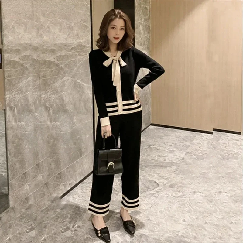 

Elegant Bow Tie Knitted Two Piece Set Women Fall Korean Long Sleeve Cardigan Tops Outfits And Capris Wide Leg Pants Suits N253