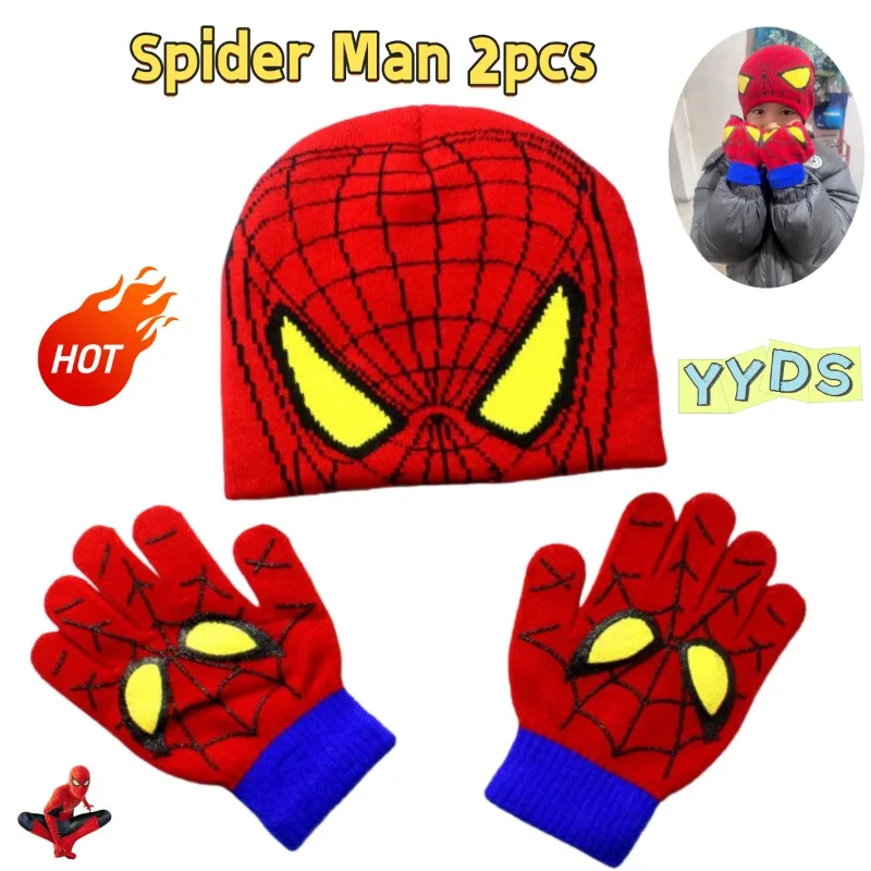 

2025 New Marvel Spider Man Cartoon Cute Student Glove Hat 2pcs Anime Creative Student Winter Thickened Warm Hoodie Hat Gift