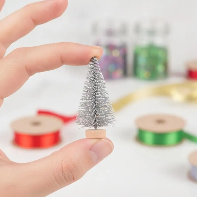 -Mini Christmas Tree Ornament With Snow Frosted Design Cute Figurines For Tabletop Holiday Party Decor