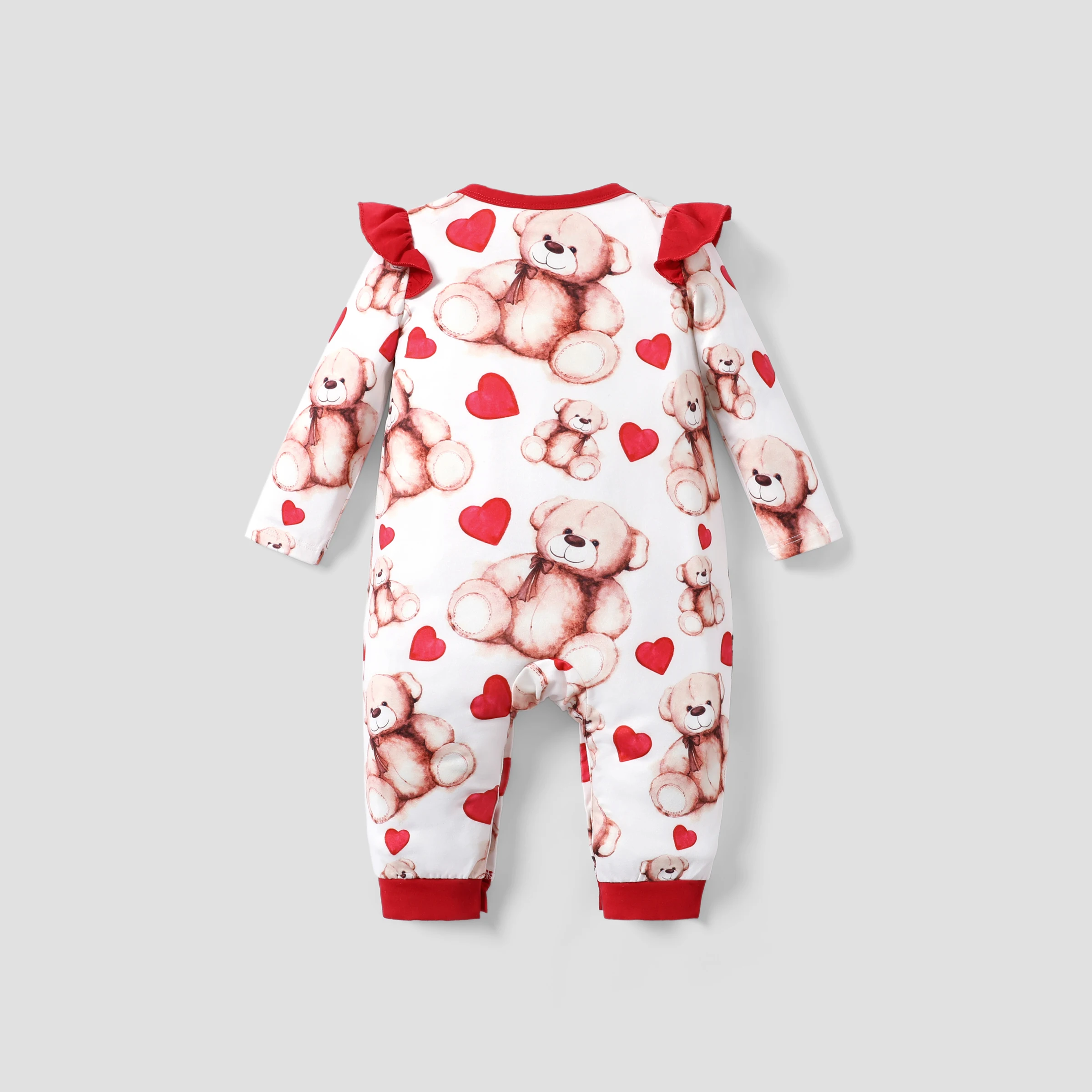 PatPat Baby Girl Valentine Sweet Bear and Polka Dot Print Jumpsuit