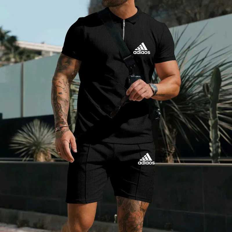 Summer Waffle Short-sleeved Zip-up POLO shirt+shorts Fashion Lapel Shirt Men\'s Casual T-shirt Shorts Trend Solid color tracksuit