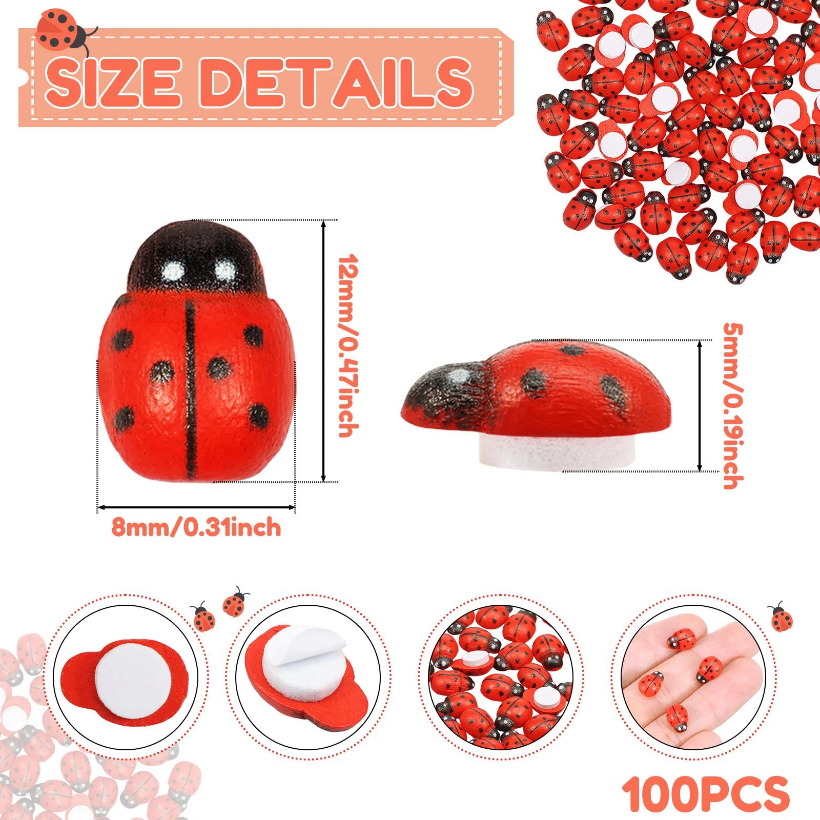 100Pcs Wooden Bee Ladybug Sticker Decor Self Adhesive Honey Bee Micro Landscape Decoration Cute Tiny Wood Ladybug For DIY Garden