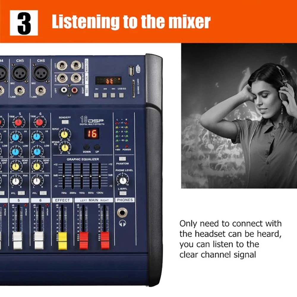 Mixer With Amplifier 6 Channels Powered Bluetooth Digital Audio Mixing Console  USB Karaoke 48V Phantom Power 250WX2 watt