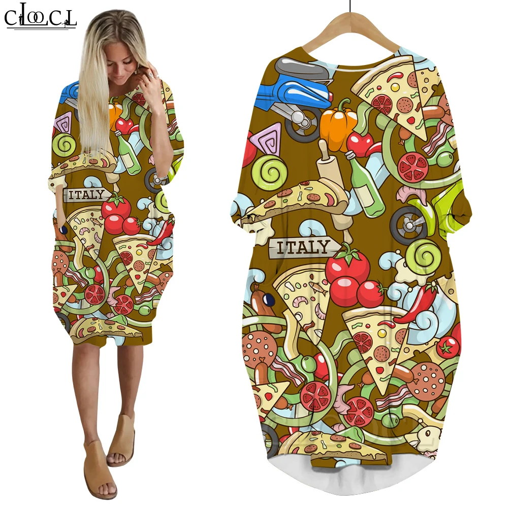 

CLOOCL Women Dresses Cartoon Food Story Theme Pattern Print Dress Travel Outdoor Indoor Street Wear Long Sleeve Pocket Dresses