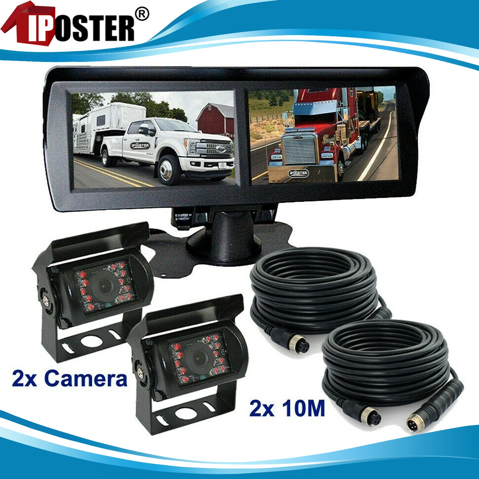 

iPoster 4.3 Inch Dual Screen Rear View Monitor 4 ch Video in+2x 4PIN CCD Color Reversing Cameras+2x 4PIN 10m Cables For Truck