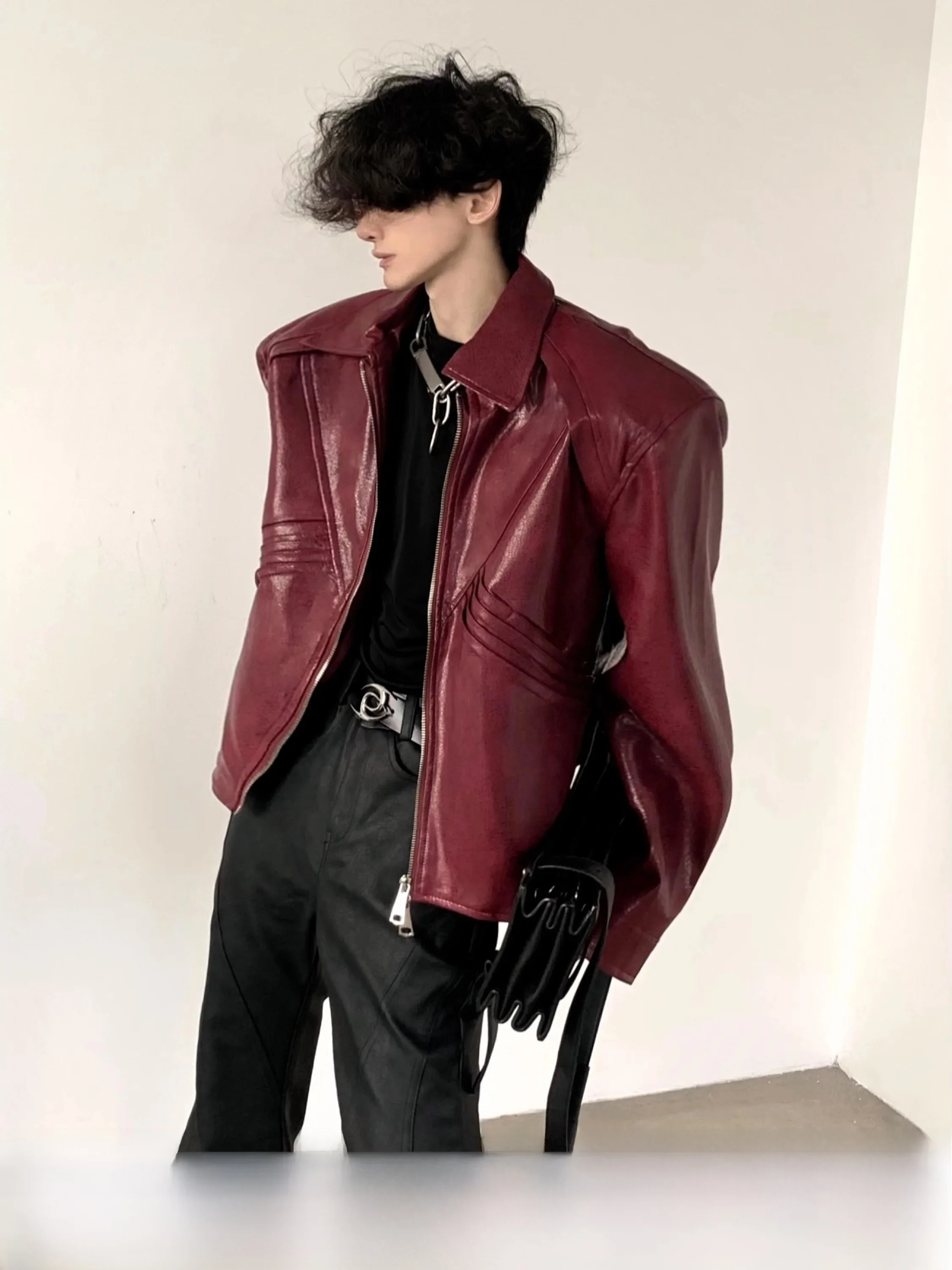 Autumn Mountain Wind American High Street Design Red Wine Color Leather Jacket Men's High-End Shoulder Pad Jacket Cool