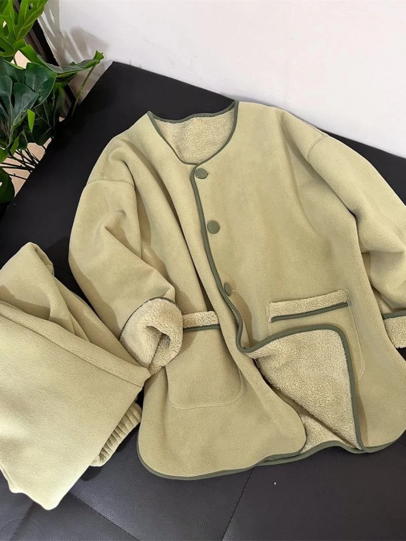 

plus Size Women's Spwear Set Thiened Fce Casual Home Clothes Autumn Winter High Waist round Ne Button Closure Long ...