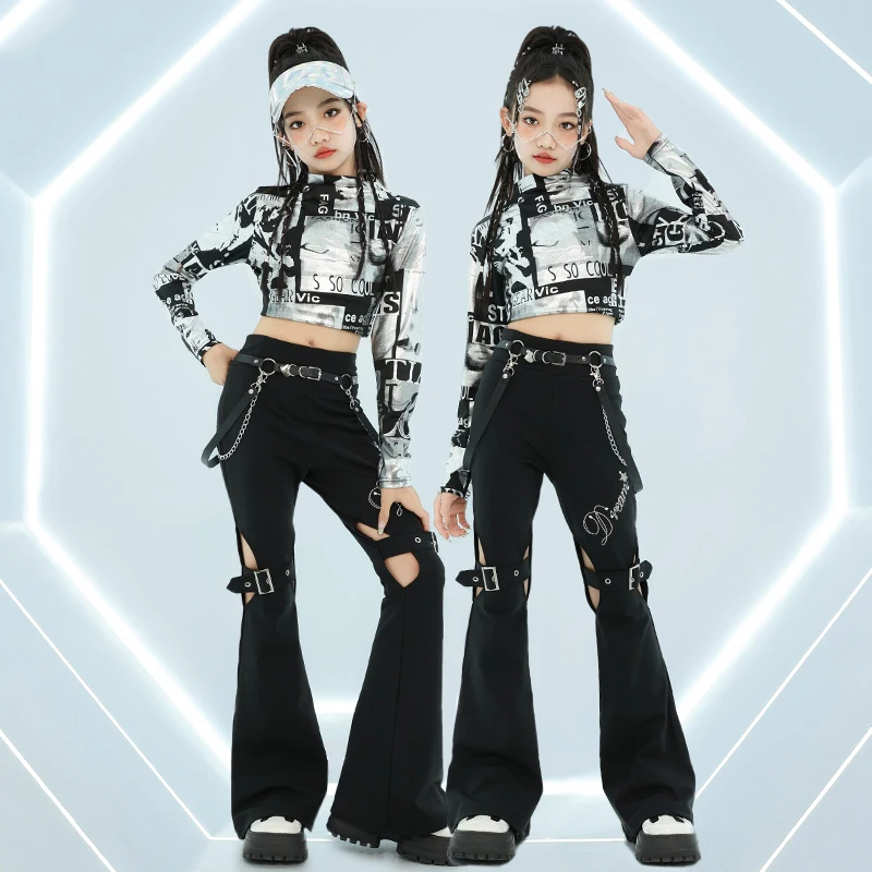 Girls Jazz Dance Performance Clothes Fashion Crop Tops Flared Pants Kids Team Hip Hop Dance Clothing Modern Street Wear BL14471