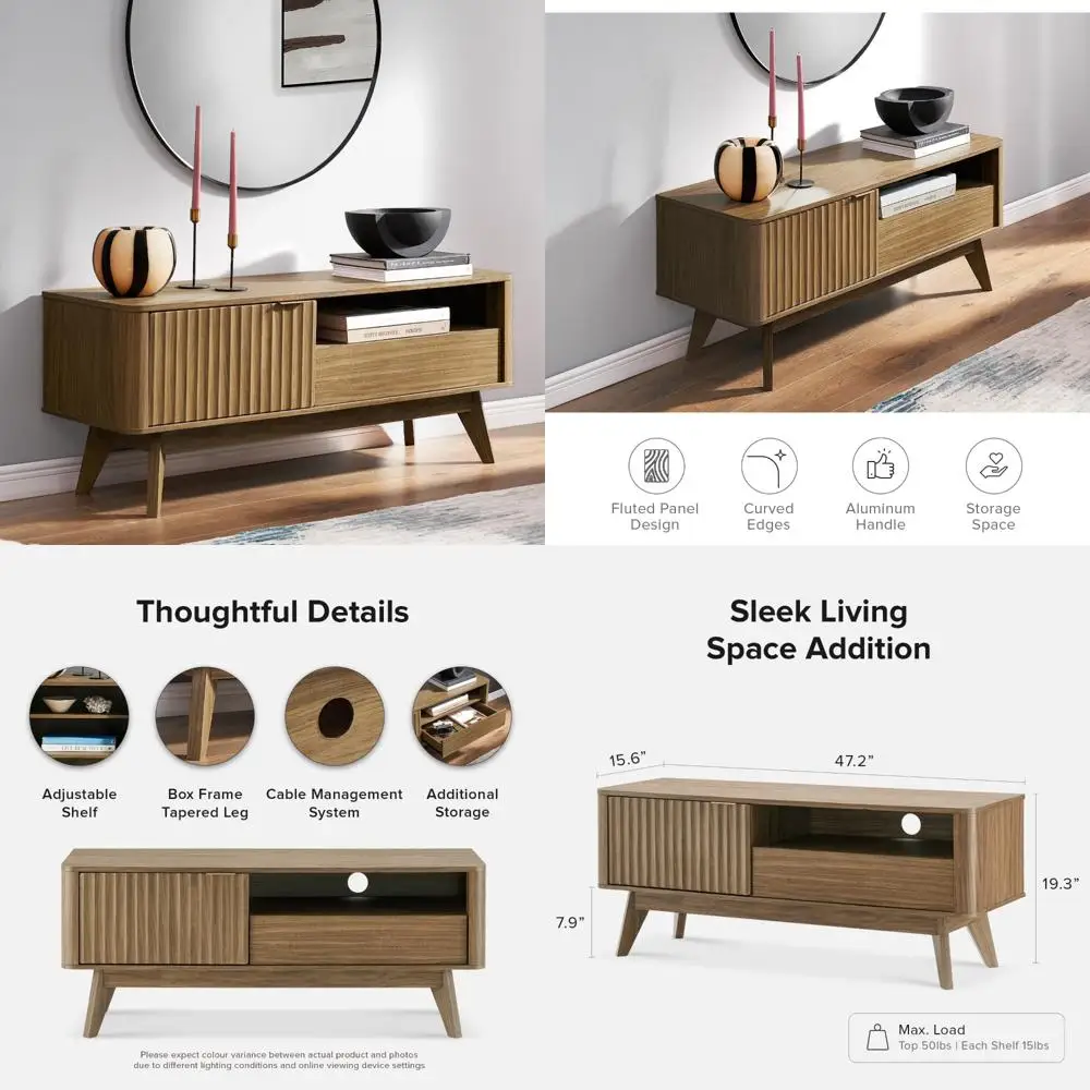 Mid-Century Modern TV Stand for 50 TVs, Brooklyn Style, Adjustable Shelf, Waveform Panel Design, Sleek Curved Profile