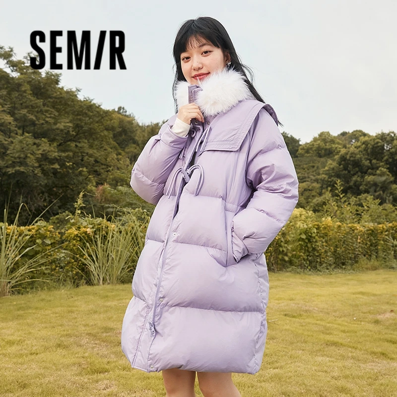 Semir Down Jacket Women Long Sweet Gentle Fur Collar Three-Proof 2023 Winter New Loose Horn Plate Button Jacket