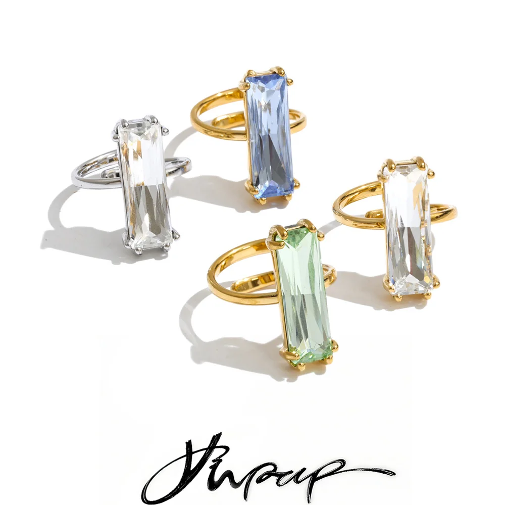 Yhpup Neuer Weiß-Grün-Blauer Rechteckiger Zirkonia Verstellbarer Ring, Eleganter Beliebter Zarter Goldfarbener Fingerschmuck