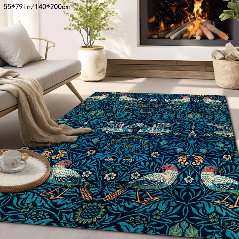 VIKAMA Living Room Home Rug Retro William Morris Style Bird Botanical Floral Foliage Pattern Anti‑Slip Washable Indoor Floor Mat