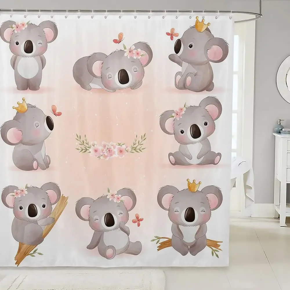Cortina de Ducha Koala Rosa Kawaii, Osito Koala en el Árbol, Animales Lindos para Baño, Cortinas de Baño Rústicas con Flores y Mariposas