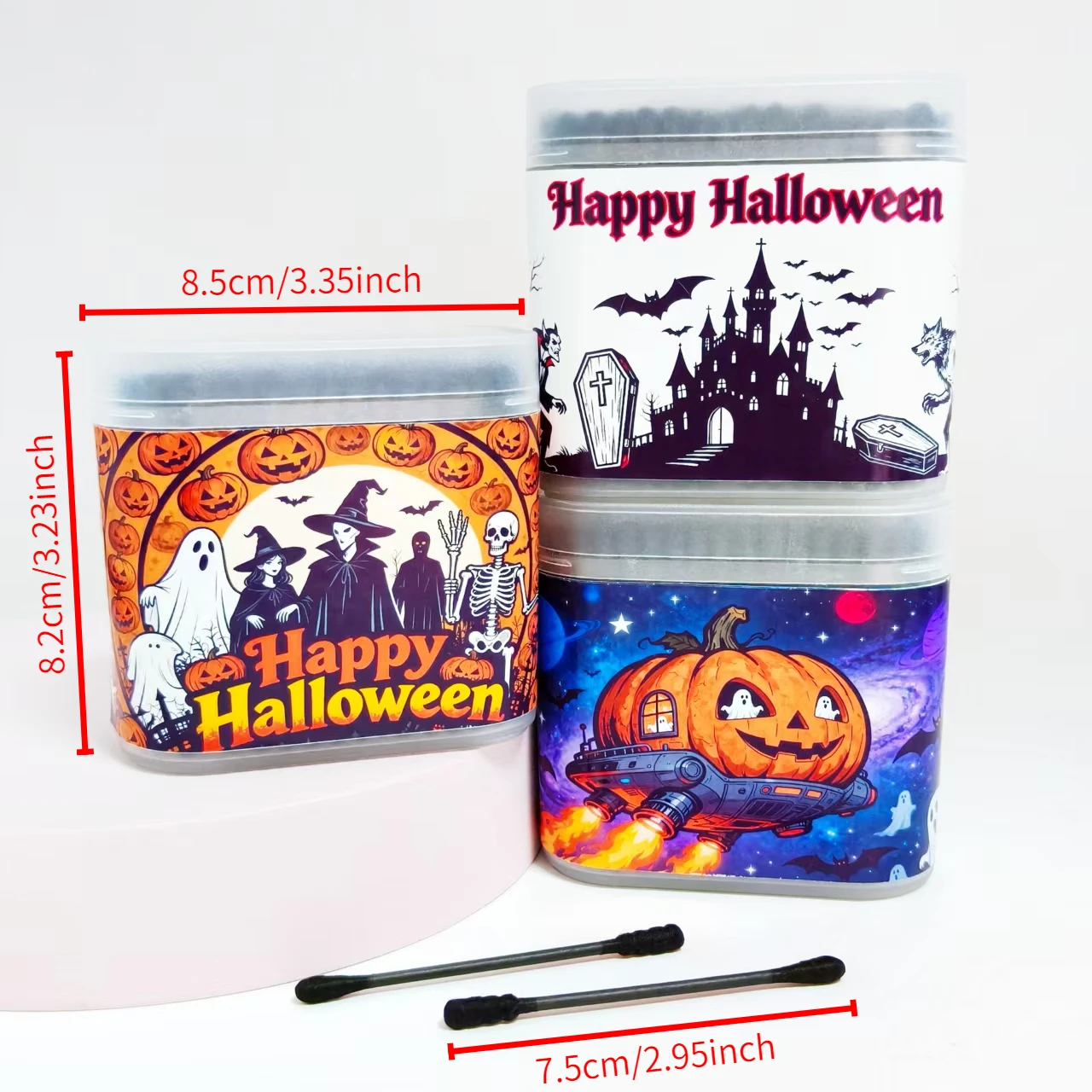 600개/800개 할로윈 호박 유령 박쥐 무늬 면봉 블랙 무광 박스 포장 양면 면봉