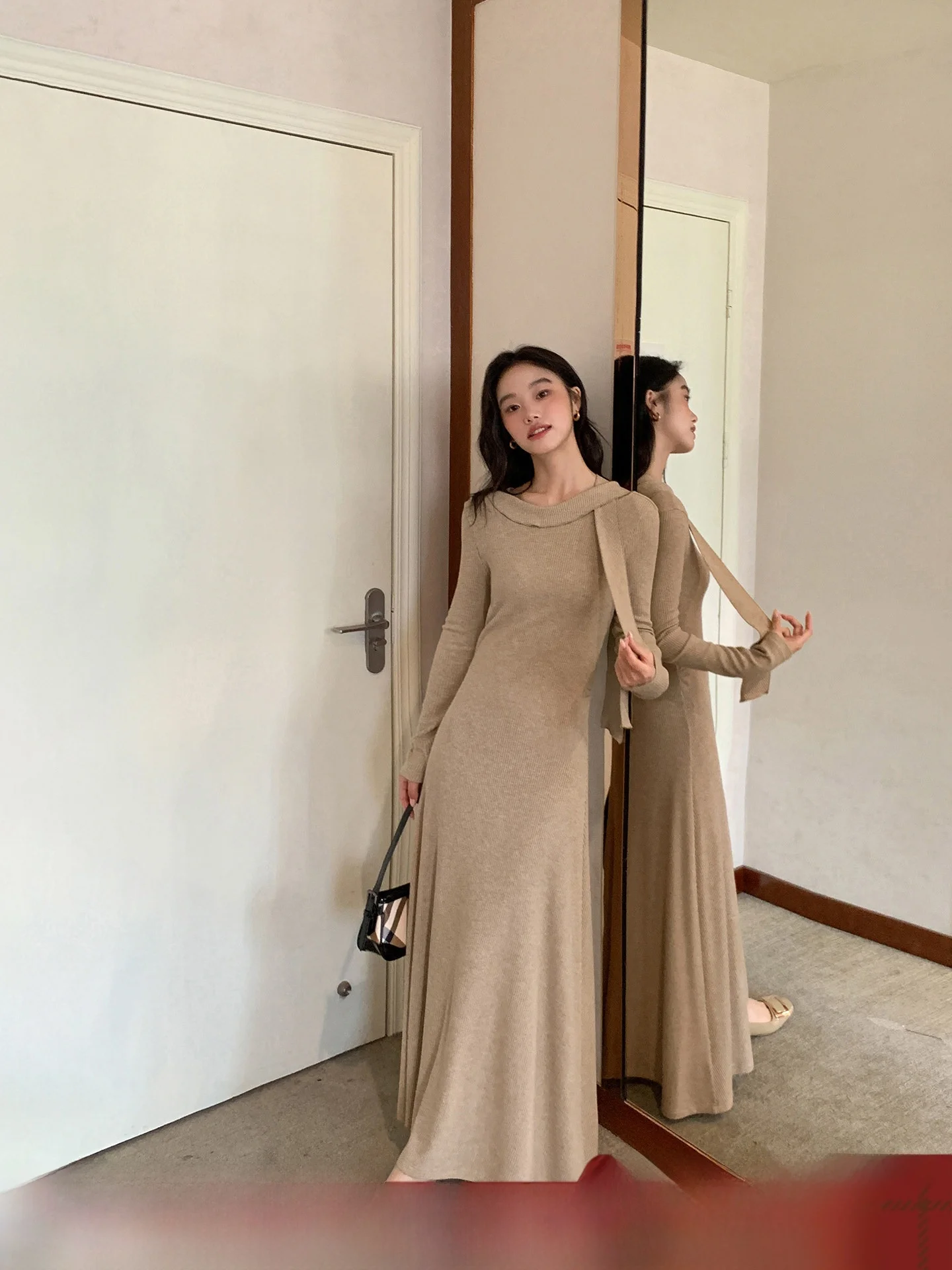 

Ele A-Line Knitted Dr Women's Slim Fit Long Dr with Sa Winter Faion Casual round Ne Long Sve Dr