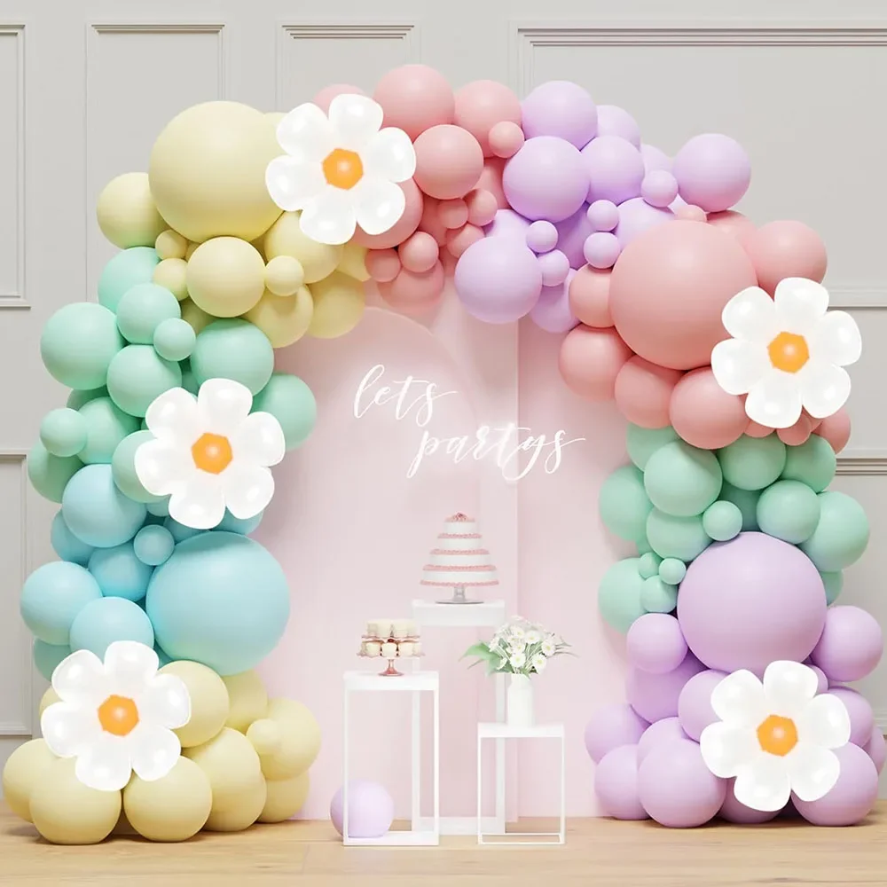 Daisy Balloon Garland Arch Set 136 Pieces White Fashionable Flowers Macaron Pink Yellow Blue Purple Balloon Birthday Daisy Theme