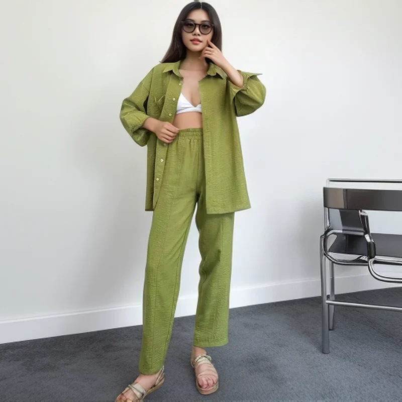 

Новые летние повседневные однотонные широкие брюки, комплект на шнуровке с длинным рукавом и v-образным вырезом, комплекты пальто для женщин, элегантный женский наряд из 2 предметов