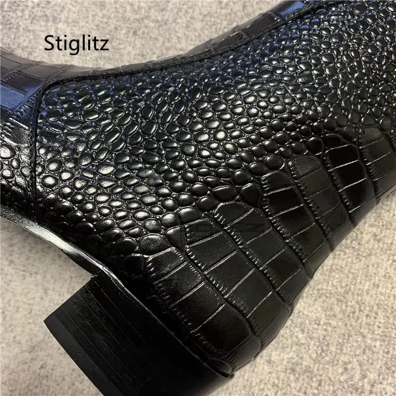 Men's Alligator Leather Ankle Boots Round Toe Side Zip British Style Chelsea Boots Black Runway Business Party Male Shoes