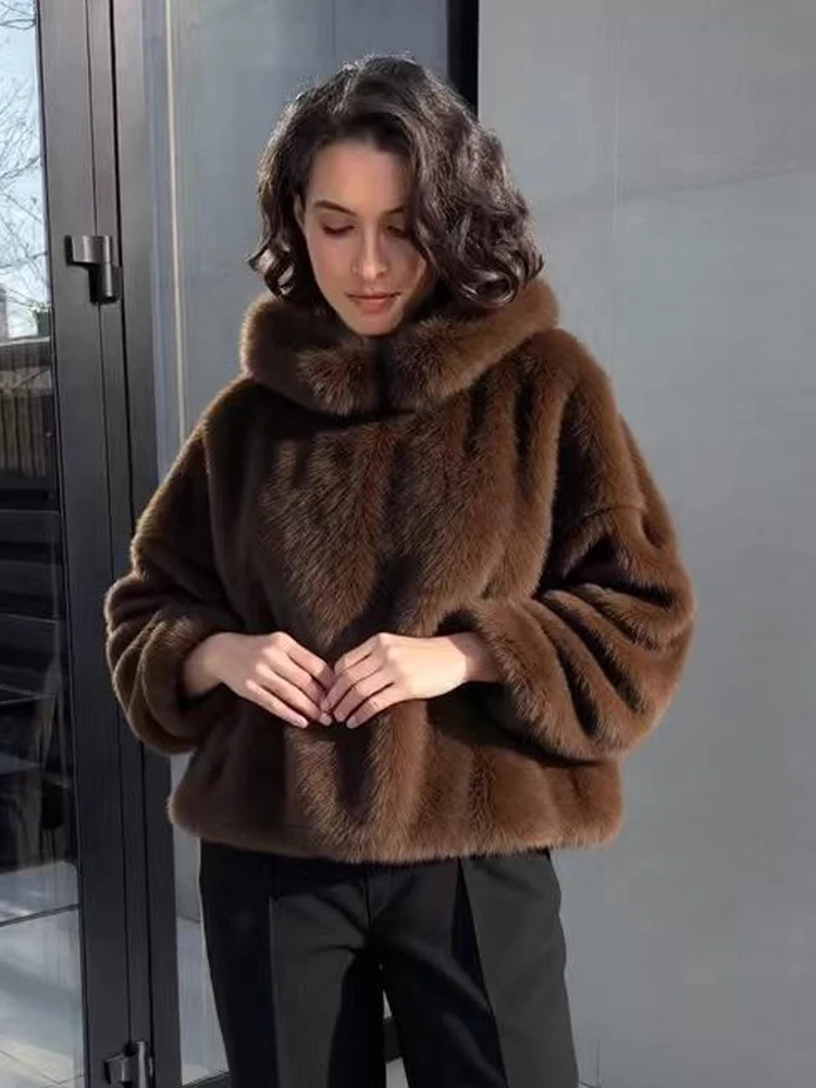 Vintage Women Faux Mink Fur Hoodies New Autumn Outerwear 2026 Warm Thick Loose Pullovers Long Sleeve Top Lady Street Coat