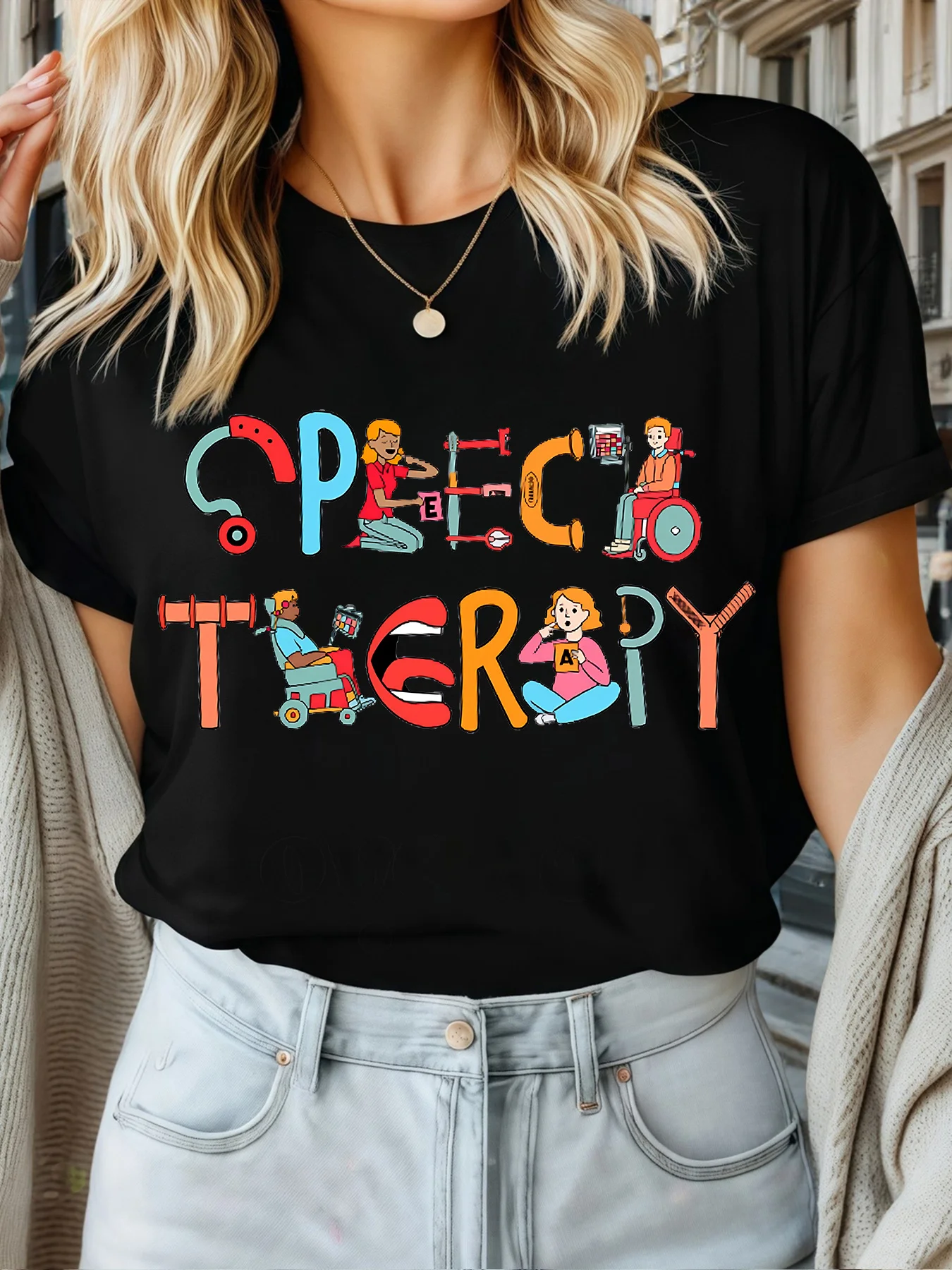 

2025 Disney Pattern Printed Women's Casual Comfortable Unique Smiling Face Black Round Neck Short Sleeve T-shirt