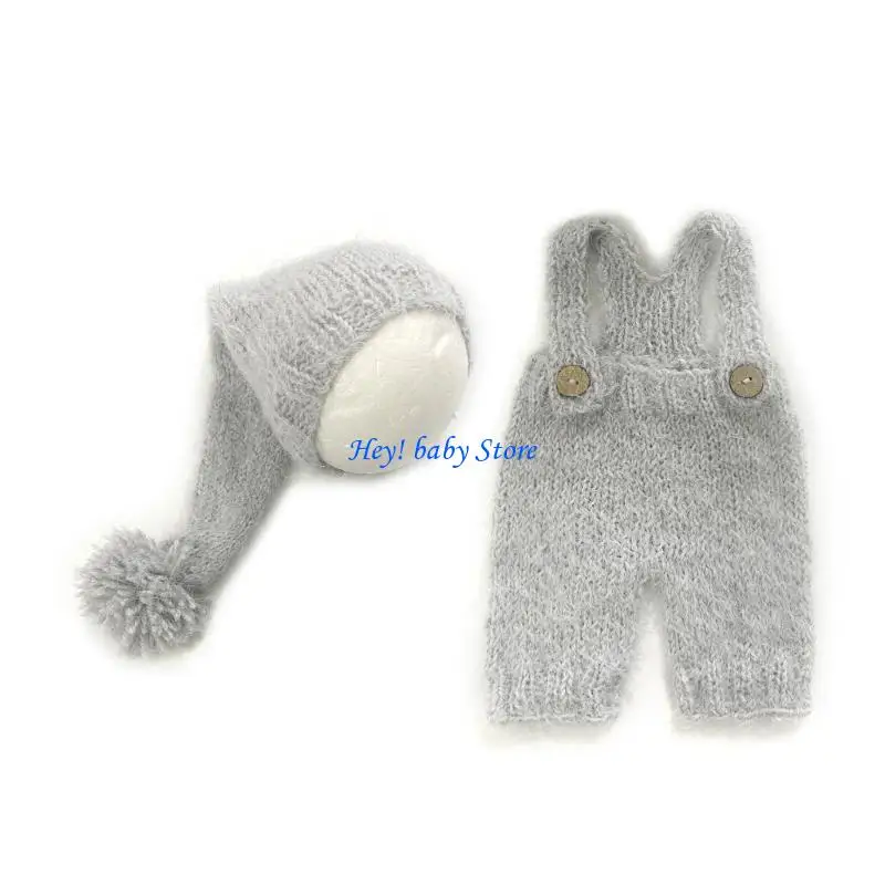 Q1FE Newborn Photo Props Knit Turban Hat Suspenders Pants Posing Clothes Baby Photography Outfit Infant Photoshoots Costume