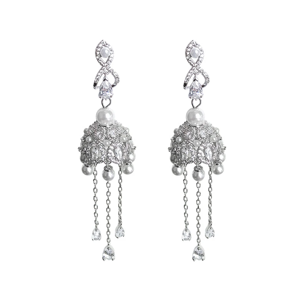Women Exaggerated Golden Birdcage Cubic Zirconia Earrings Fashion Retro Luxury Lantern Zircon Tassel Wind Bell Party Jewelry