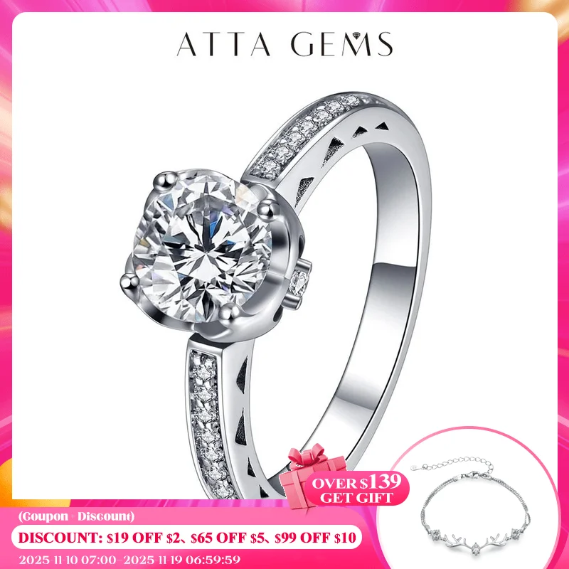 

ATTAGEMS 1ct 6.5mm Round Cut D VVS1 Moissanite 925 Silver Ring Diamond Test Passed Fashion Claw Setting Women Girlfriend Gift