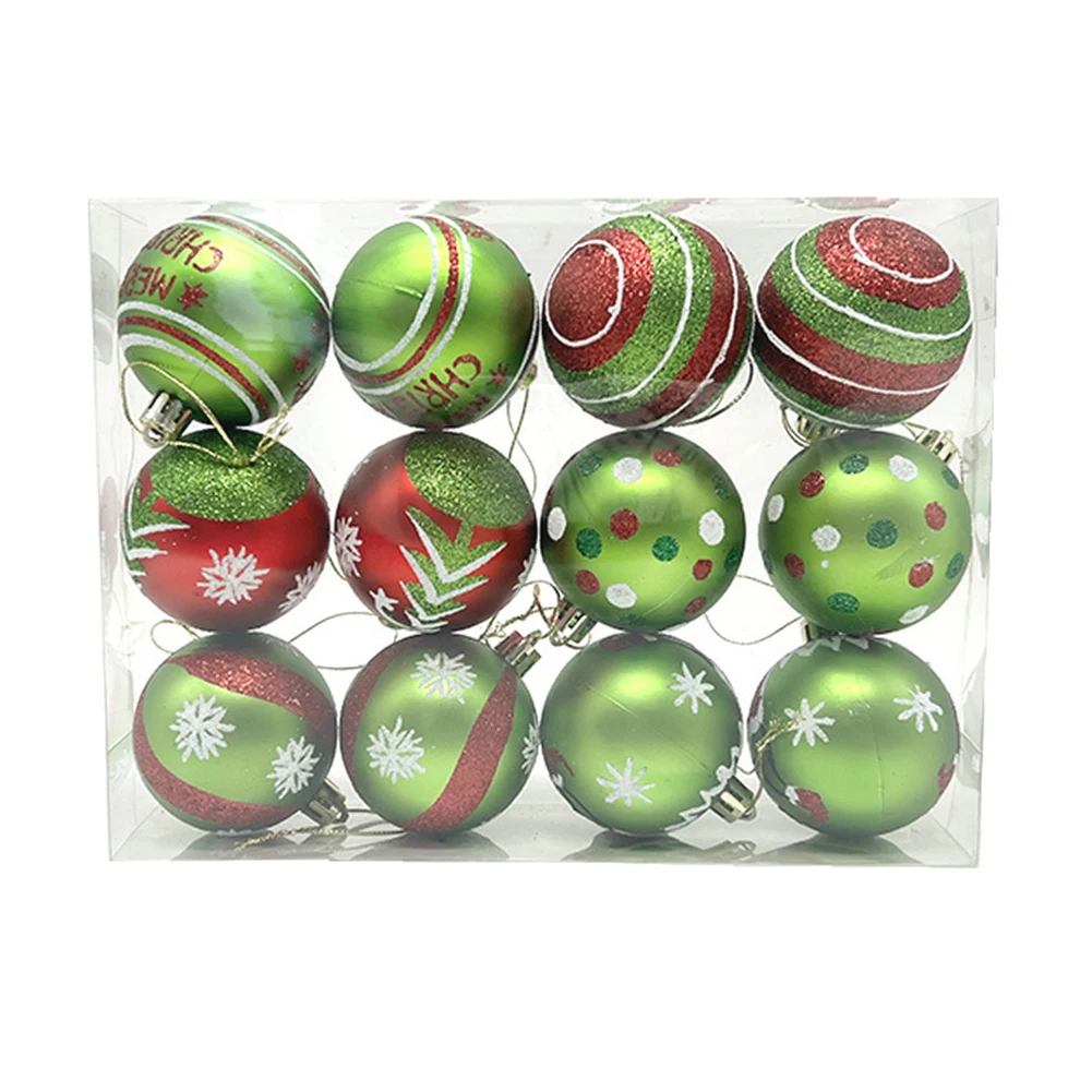 12PCS handpainted Christmas ball decorations featuring snowflake polka dot and tree motifs made from shatterproof plastic