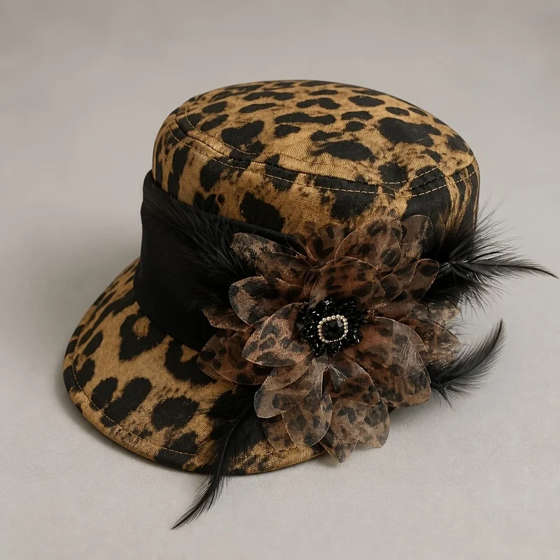 Women'S Leopard Print Military Cap, Feather Flower Accent And Flat Brim, Vintage Statement Newsboy Hat for Fall Winter