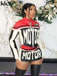 kliou Autumn Women Moto & Biker Air Layer Two Piece Set K23S39950 Cool Girl Racing Style Zipper Tops Jacket+Mini Hip Skirt Suit