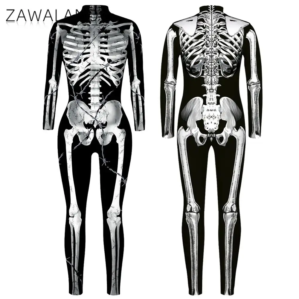 

Women Jumpsuit Scary 3D Skeleton Print Halloween Cosplay Costume Horrible Adult Catsuit Carnival Outfit Day of The Dead Bodysuit