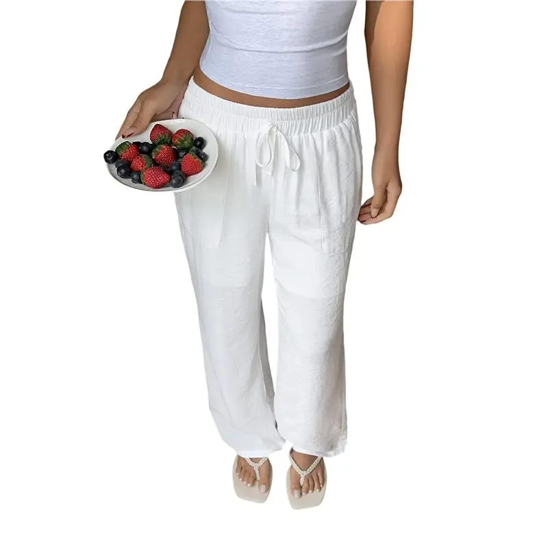 

CYL-Women Summer Boho Casual Wide Leg Trousers Drawstring Work Lounge Pant