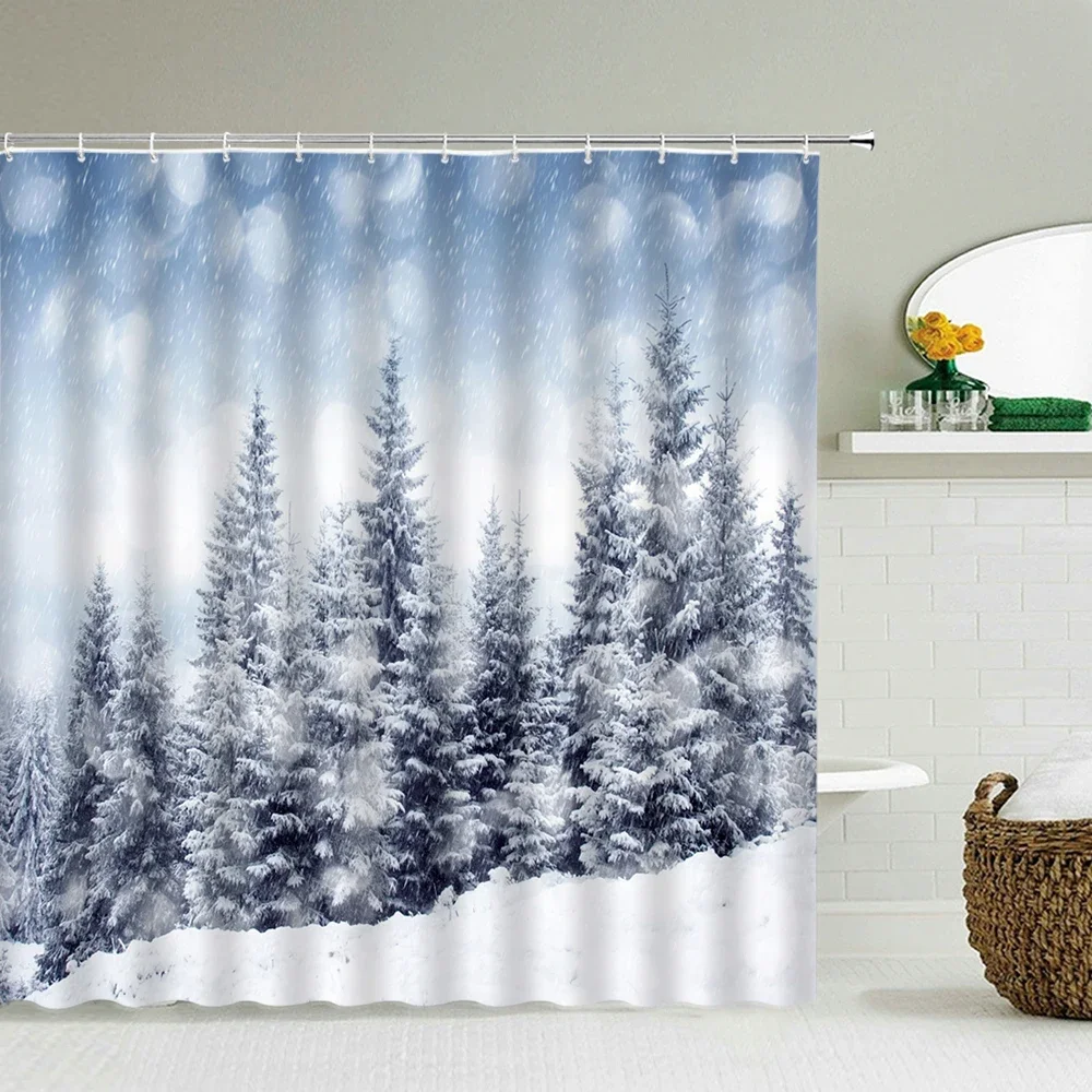 Winter Snow Forest Landscape Nature Shower Curtain Bathroom Home Decor Waterproof Fabric With 12 Hooks Bathtub Curtain and Mat