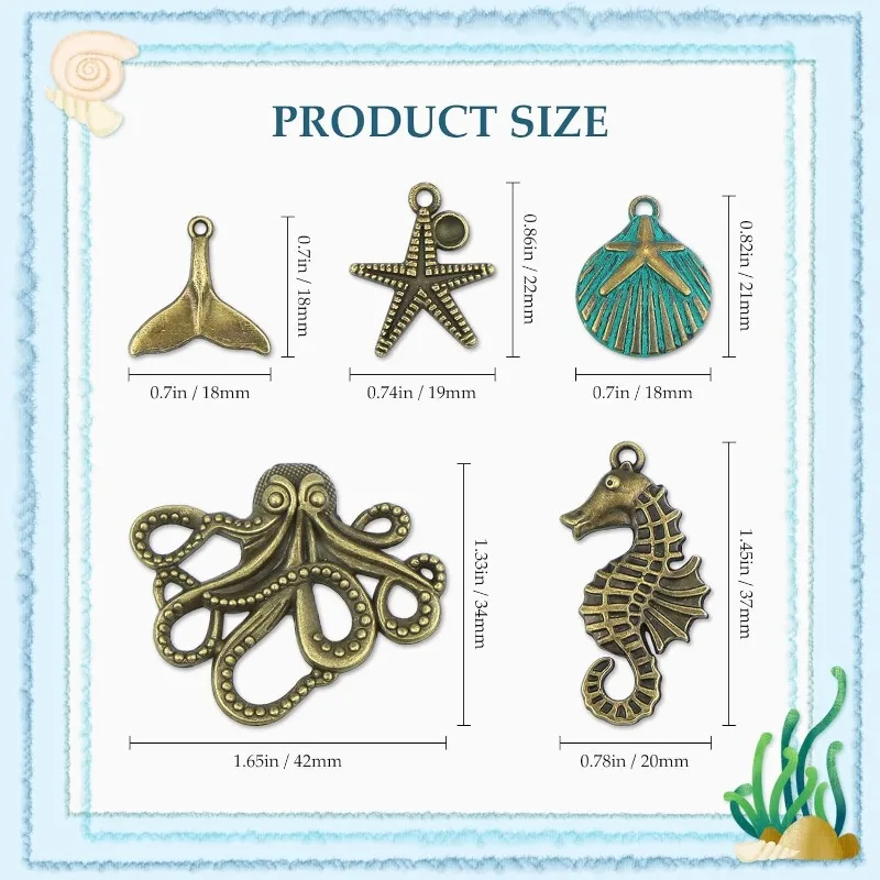 28 Pcs Assorted Antique Ocean Themed Charms Bronze Ocean Fish Sea Creatures Beads Pendants for Jewelry Making and Craft Making