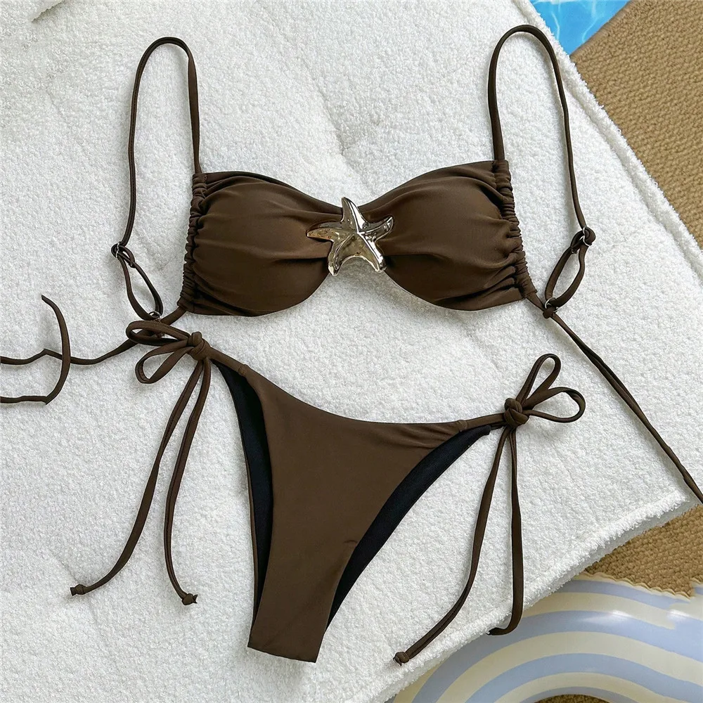 

Brown Bandeau Bikinis Sets Metal Starfish Solid Swimwears String Micro Thong Sexy Swimsuit Women 2026 Bathing Suit Bikini Dames