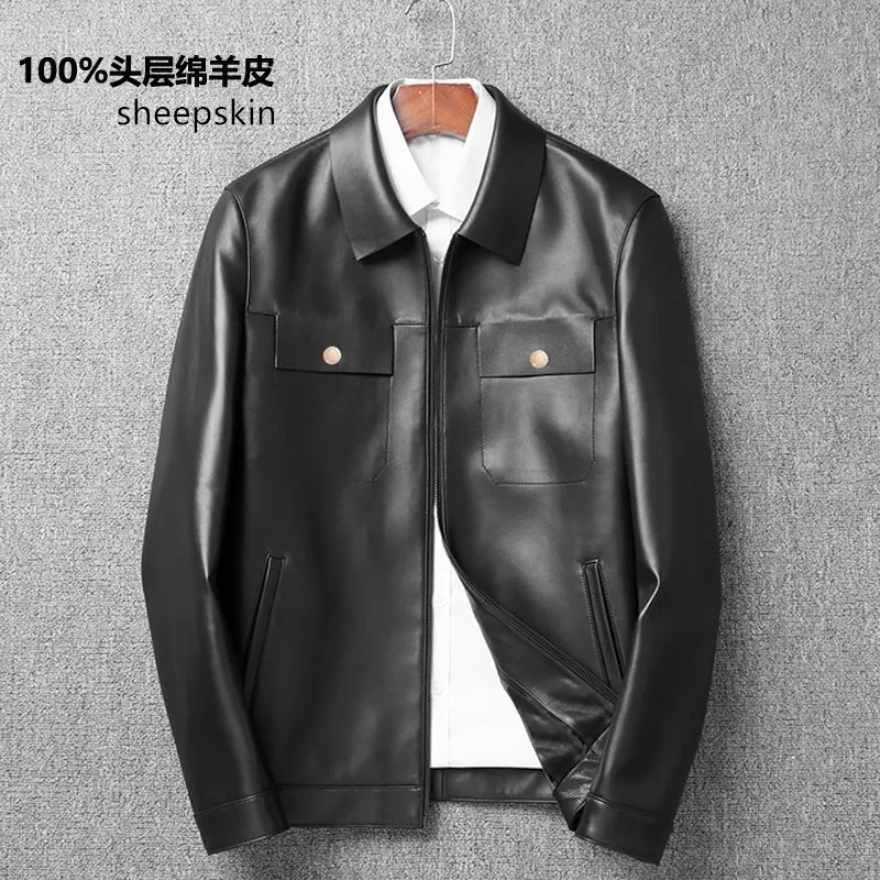 Men\'s Plus Size Leather Coat Fat Turn Down Collar Business Casual Jacket Big Size Cowhide Leather Top Coat Male Outerwear 8XL