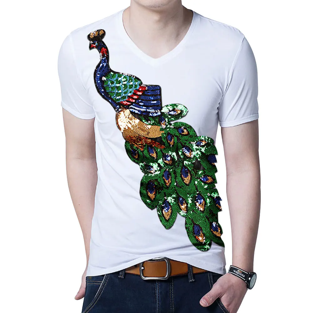 2024 Summer Elegant T-shirt Men\'s Peacock Sequined Sequins T shirts Men Fashion New Cotton Tops Tee Shirt Male Sakura Clothes