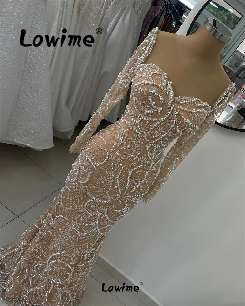 Champagne Arabic Evening Dresses Long Sleeves Pearl Wedding Party Dress Formal Glitter Floral Women Prom Gowns Custom Made Robe