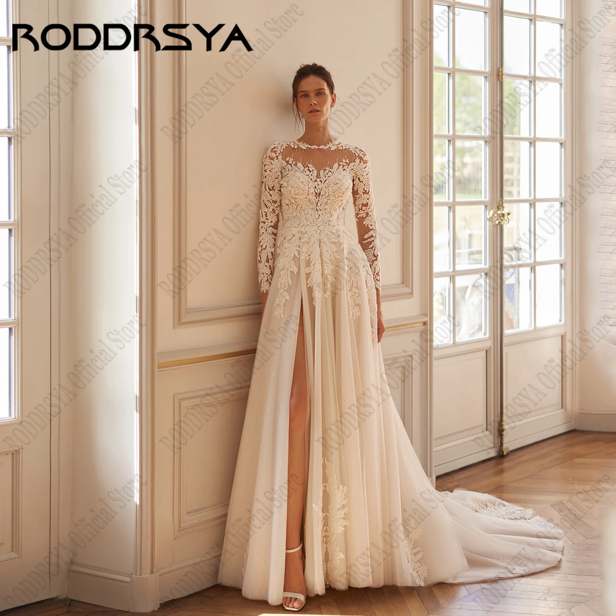 Roddrsya Luxus Brautkleid Frauen lange Ärmel O-Ausschnitt Seite geteilt Braut Kleider Applikation Spitze A-Linie Vestidos de Novia BohemiosRODDRSYA Luxuriöse Hochzeit mit langen Ärmeln O Collar Seite Braut Kleid mit Bl