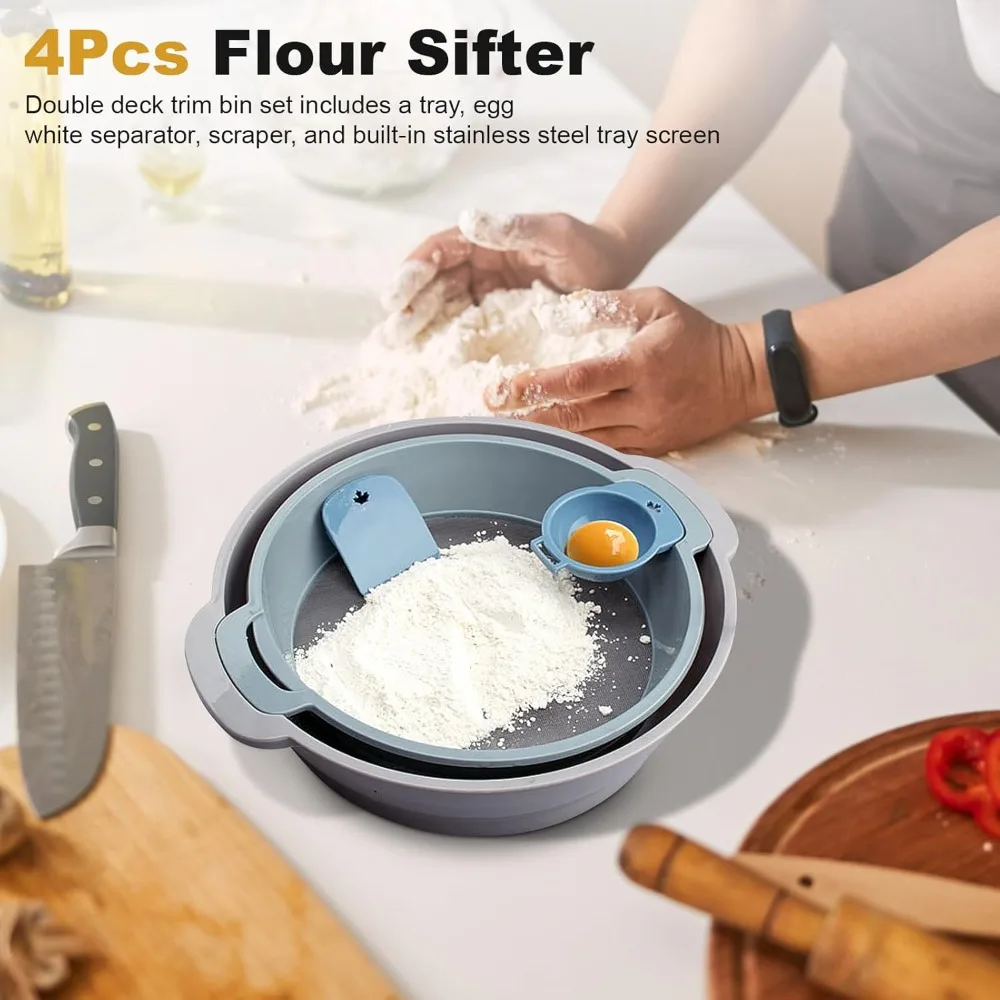 4 adet örgü elek ekranı polen elek seti 2'si 1 arada kırpma tepsisi ABS istiflenebilir kırpma tepsisi un elek süzme tozu