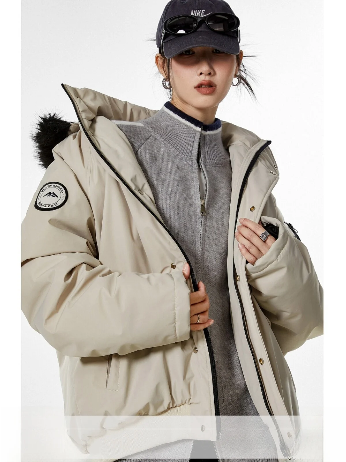 Ich Mode American Retro Style Women's Parka Coat with Fur Collar Winter Workwear Cotton Jacket Loose Fit Long Sleeve Zipper