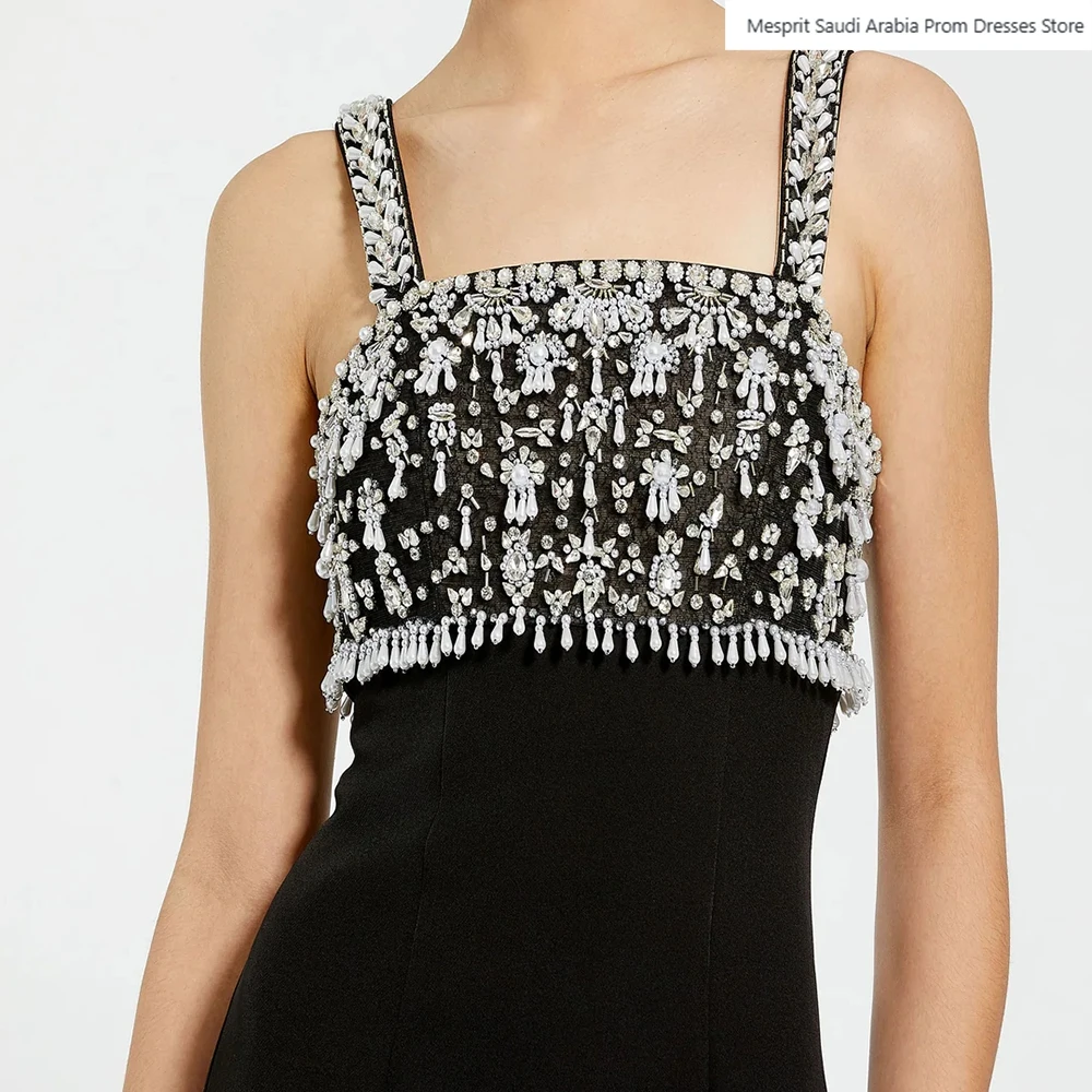 Robe de soirée noire droite pour femmes, longueur thé, col carré, sans manches, robe de bal, dos nu en cristal, personnalisée