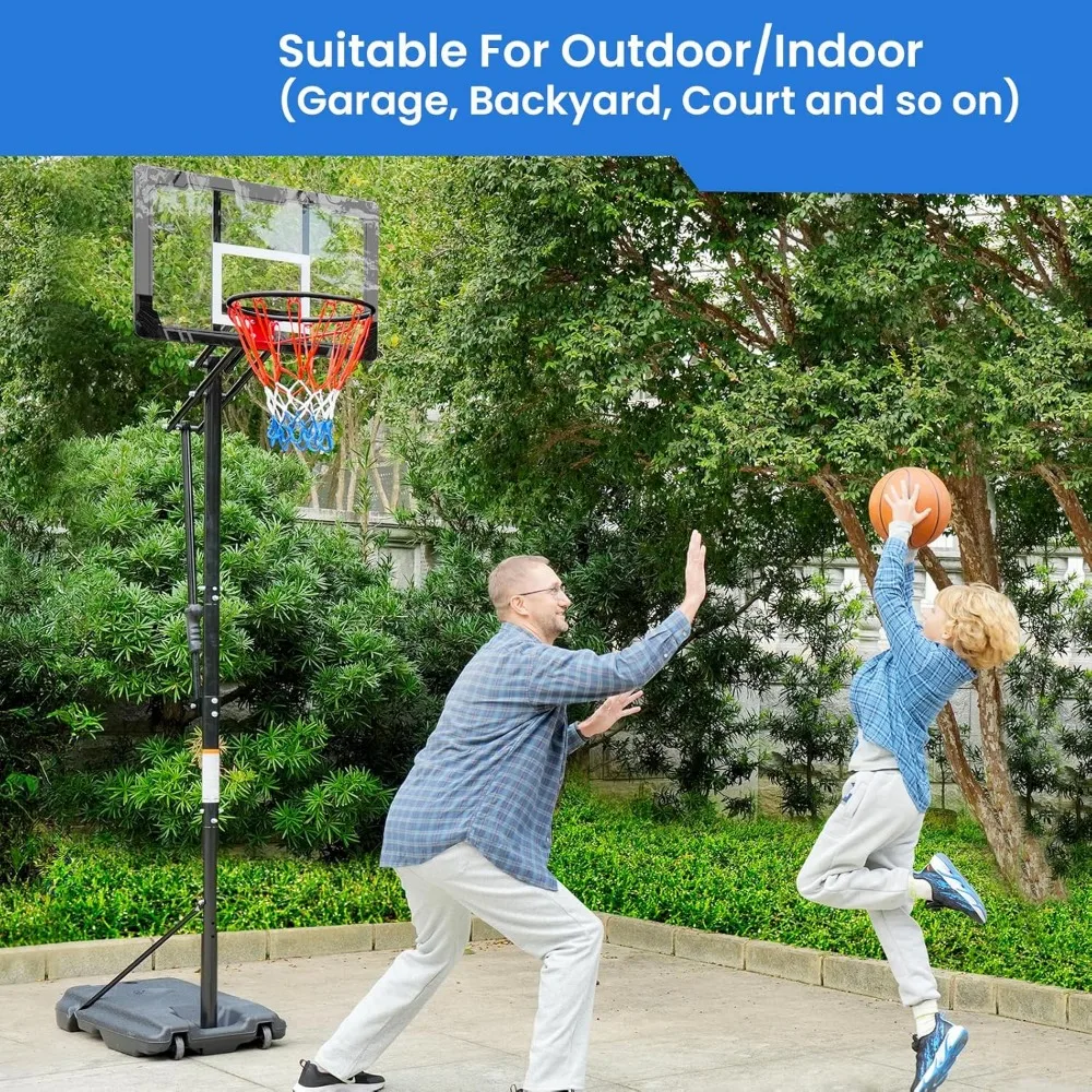 Adjustable Portable Basketball Hoop for Kids and Teens - 33 Shatterproof Backboard, Easy Height Adjustment 4 to 8.5 Feet, Youth
